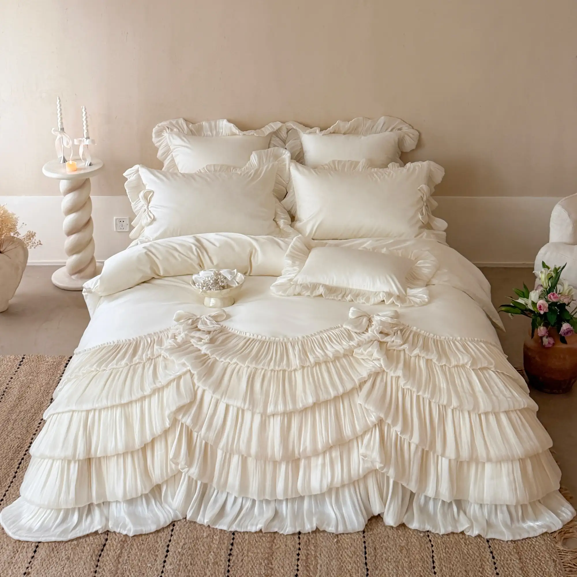 Vintage Romantic Soft Lace Ruffle Trim Duvet Cover 4 Pcs Set